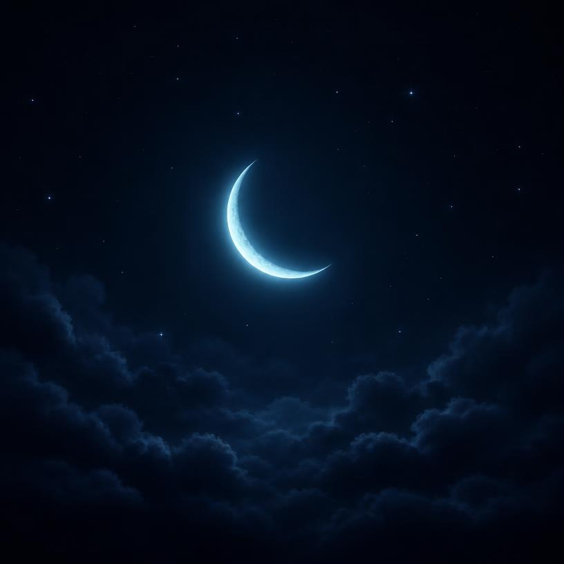 Glowing crescent moon above dark clouds